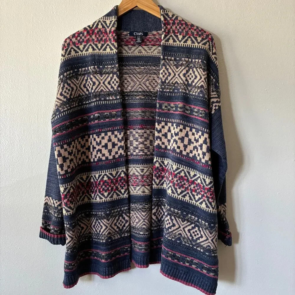 Chaps Womens Small Fair Isle Open Front Cardigan Sweater Blue Cotton Blend - Picture 2 of 11